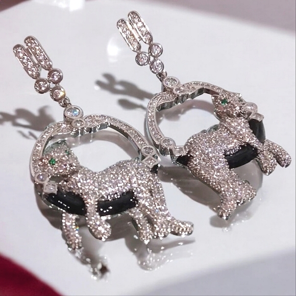 Luxury Lounging Panther Panthere Rhodium Pave Crystal Earrings - Picture 3 of 6